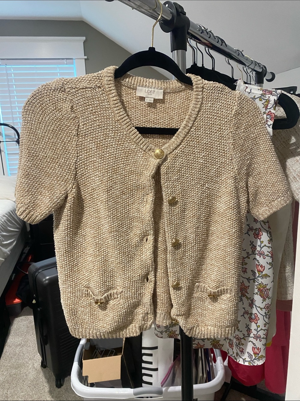 LOFT Cream Short-Sleeve Textured Knit Cardigan with Gold Buttons